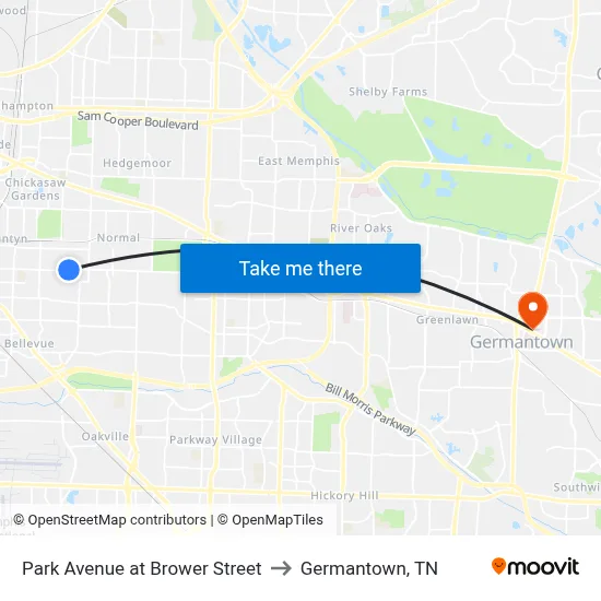 Park Avenue at Brower Street to Germantown, TN map
