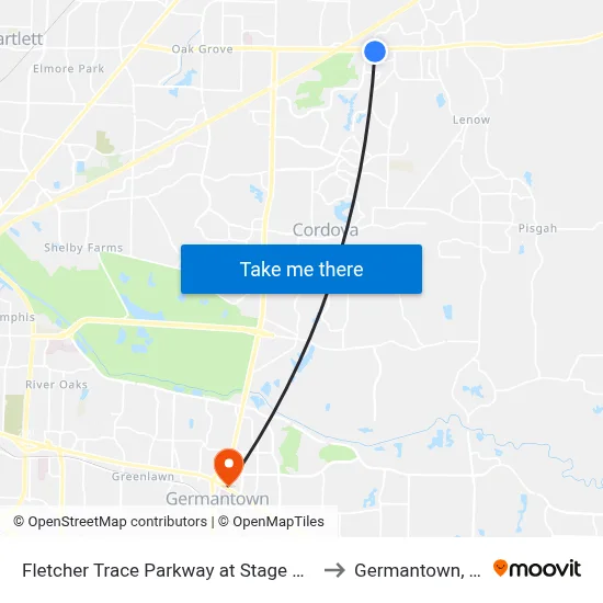 Fletcher Trace Parkway at Stage Road to Germantown, TN map
