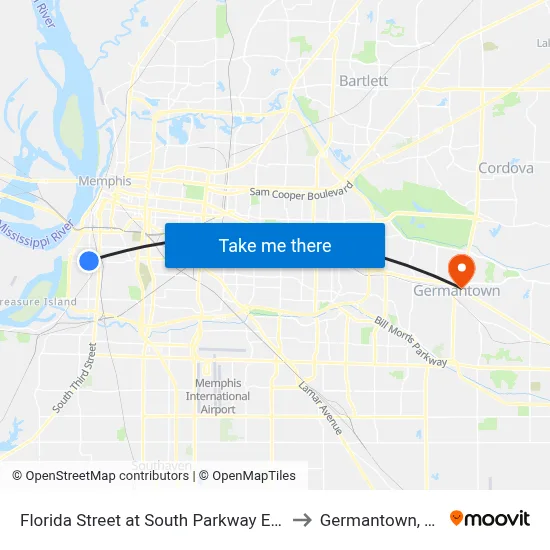 Florida Street at South Parkway East to Germantown, TN map