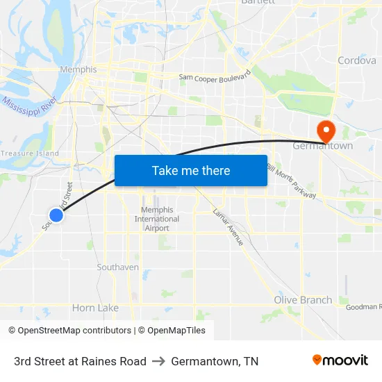 3rd Street at Raines Road to Germantown, TN map