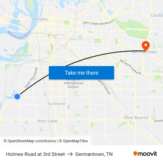 Holmes Road at 3rd Street to Germantown, TN map