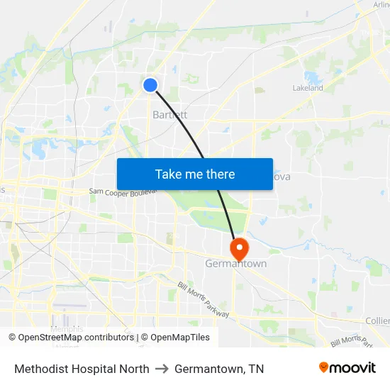 Methodist Hospital North to Germantown, TN map