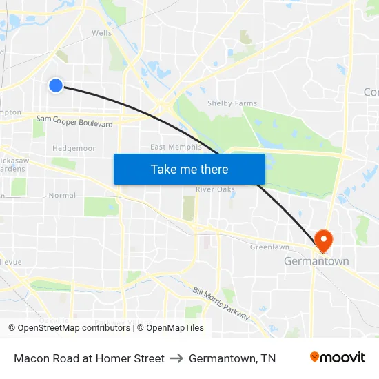 Macon Road at Homer Street to Germantown, TN map