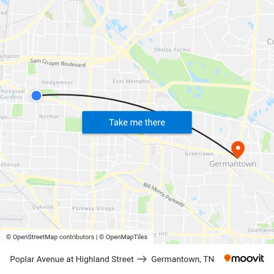 Poplar Avenue at Highland Street to Germantown, TN map