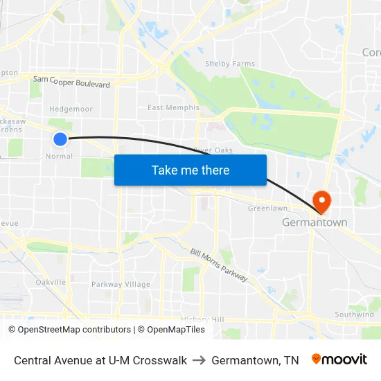 Central Avenue at U-M Crosswalk to Germantown, TN map