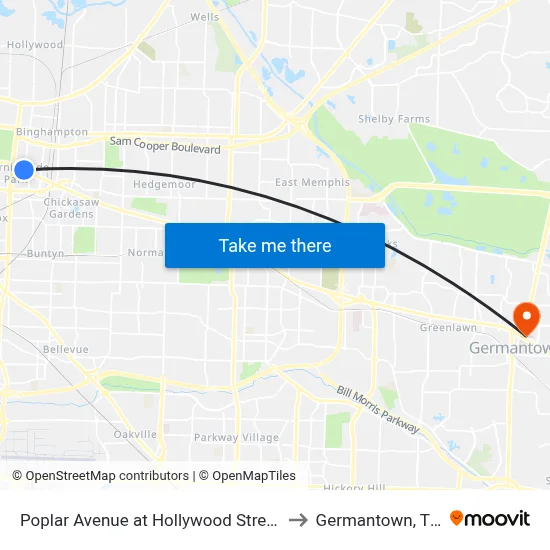 Poplar Avenue at Hollywood Street to Germantown, TN map