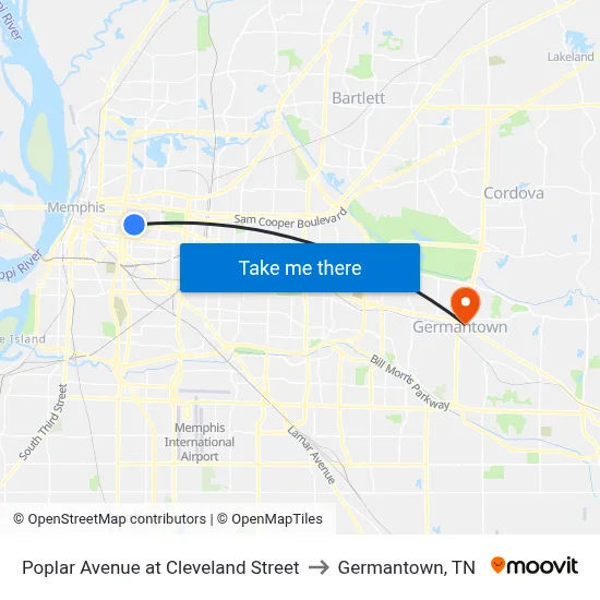 Poplar Avenue at Cleveland Street to Germantown, TN map