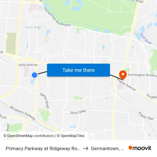 Primacy Parkway at Ridgeway Road to Germantown, TN map