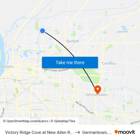 Victory Ridge Cove at New Allen Road to Germantown, TN map
