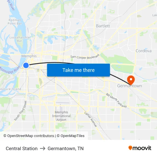 Central Station to Germantown, TN map