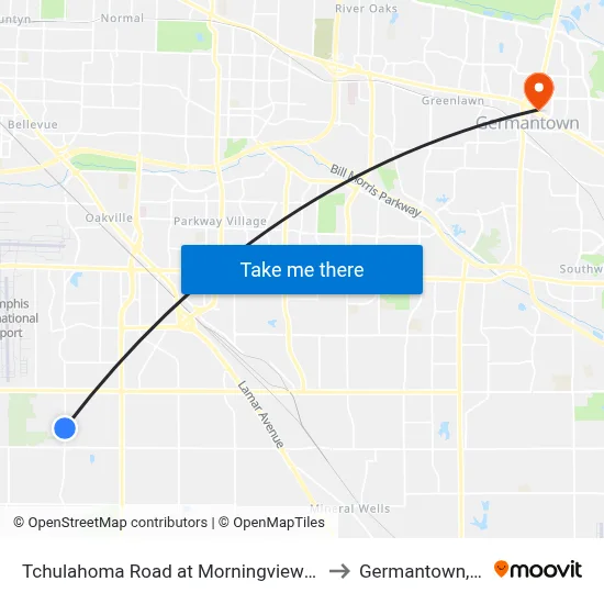Tchulahoma Road at Morningview Drive to Germantown, TN map