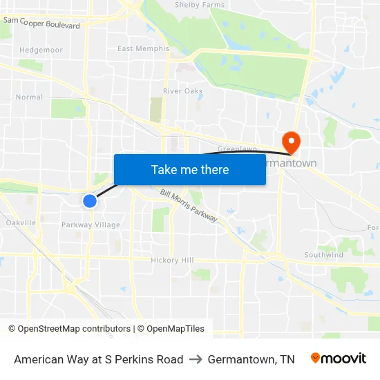 American Way at S Perkins Road to Germantown, TN map