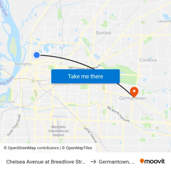 Chelsea Avenue at Breedlove Street to Germantown, TN map