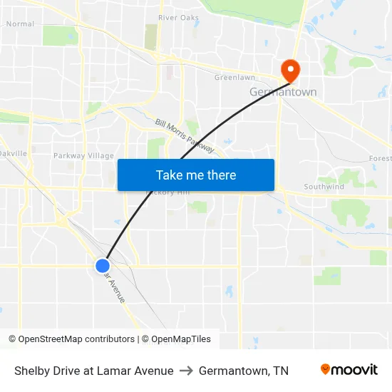 Shelby Drive at Lamar Avenue to Germantown, TN map