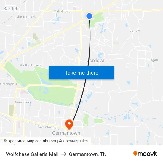 Wolfchase Galleria Mall to Germantown, TN map