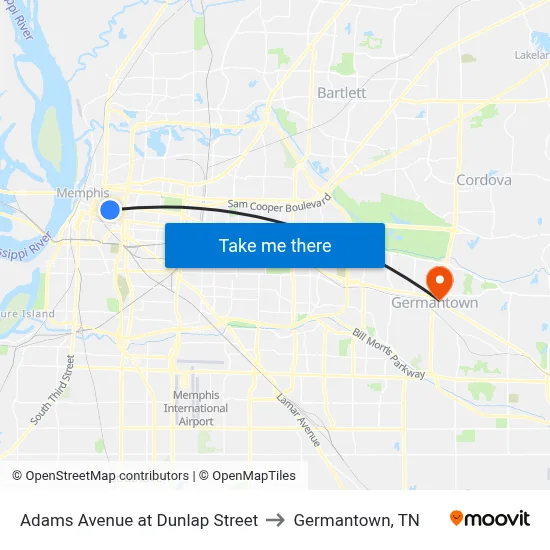 Adams Avenue at Dunlap Street to Germantown, TN map