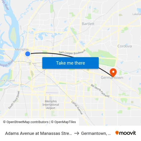 Adams Avenue at Manassas Street to Germantown, TN map