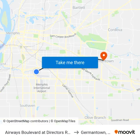 Airways Boulevard at Directors Row to Germantown, TN map