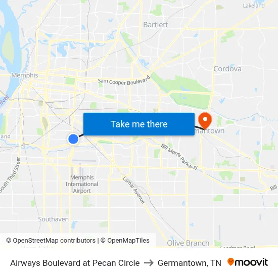 Airways Boulevard at Pecan Circle to Germantown, TN map