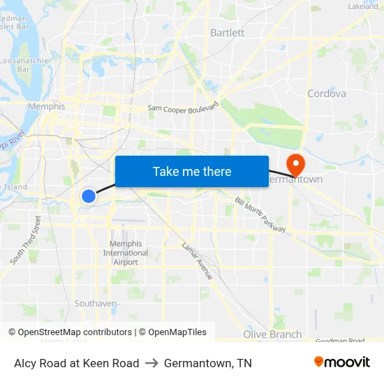 Alcy Road at Keen Road to Germantown, TN map