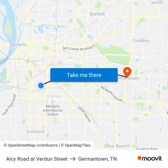 Alcy Road at Verdun Street to Germantown, TN map