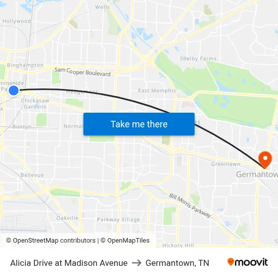 Alicia Drive at Madison Avenue to Germantown, TN map