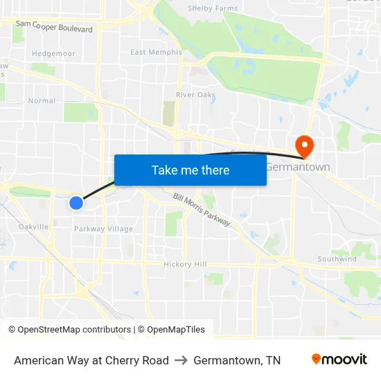 American Way at Cherry Road to Germantown, TN map