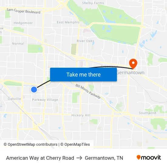 American Way at Cherry Road to Germantown, TN map