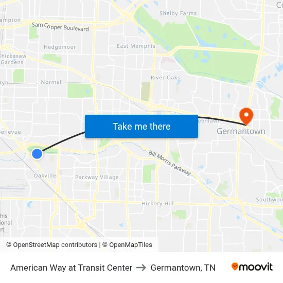 American Way at Transit Center to Germantown, TN map