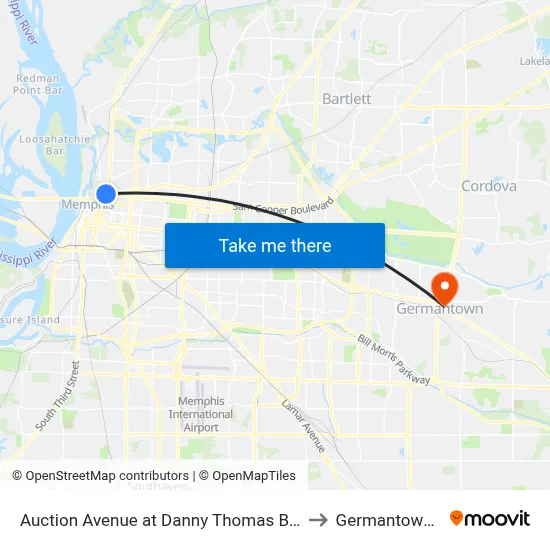 Auction Avenue at Danny Thomas Boulevard to Germantown, TN map