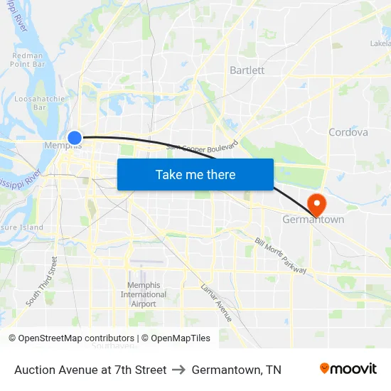 Auction Avenue at 7th Street to Germantown, TN map