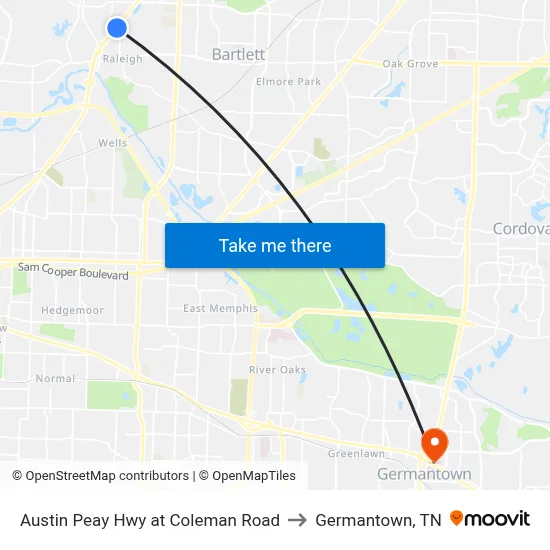 Austin Peay Hwy at Coleman Road to Germantown, TN map