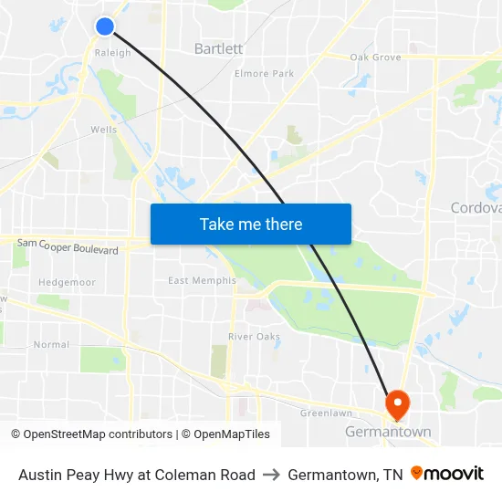 Austin Peay Hwy at Coleman Road to Germantown, TN map