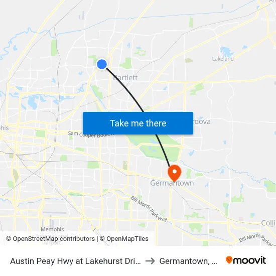 Austin Peay Hwy at Lakehurst Drive to Germantown, TN map