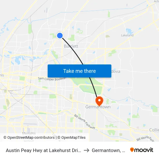 Austin Peay Hwy at Lakehurst Drive to Germantown, TN map