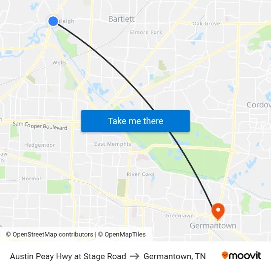 Austin Peay Hwy at Stage Road to Germantown, TN map