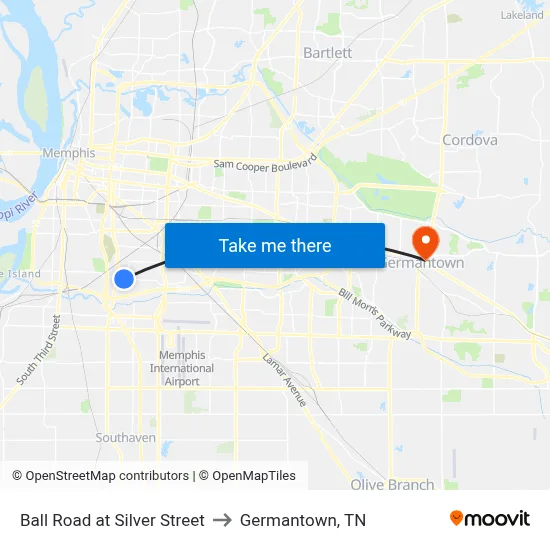 Ball Road at Silver Street to Germantown, TN map