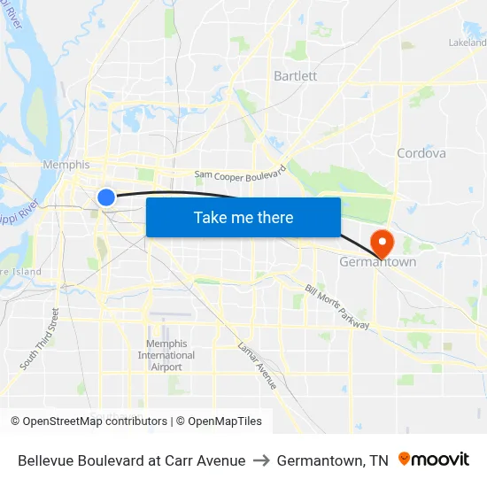 Bellevue Boulevard at Carr Avenue to Germantown, TN map
