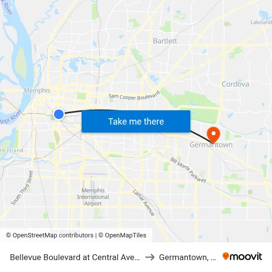 Bellevue Boulevard at Central Avenue to Germantown, TN map