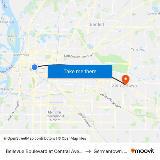 Bellevue Boulevard at Central Avenue to Germantown, TN map