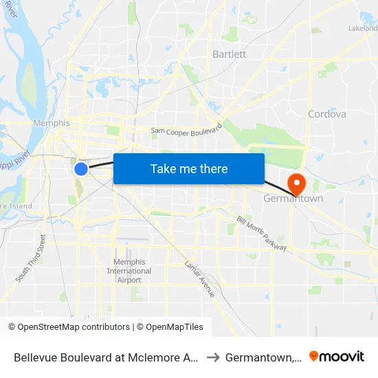 Bellevue Boulevard at Mclemore Avenue to Germantown, TN map