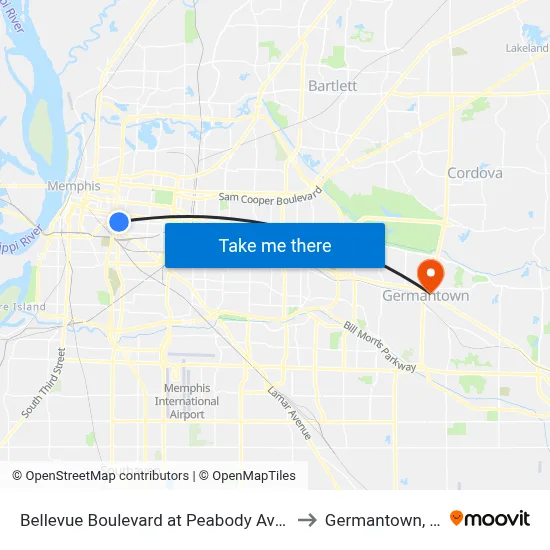 Bellevue Boulevard at Peabody Avenue to Germantown, TN map