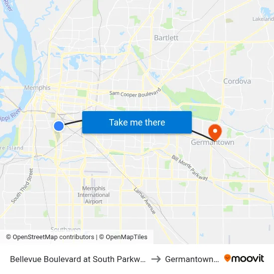 Bellevue Boulevard at South Parkway East to Germantown, TN map