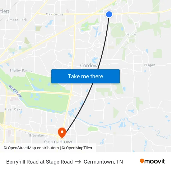 Berryhill Road at Stage Road to Germantown, TN map