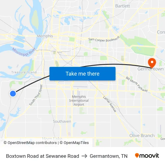 Boxtown Road at Sewanee Road to Germantown, TN map