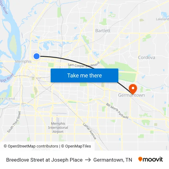 Breedlove Street at Joseph Place to Germantown, TN map