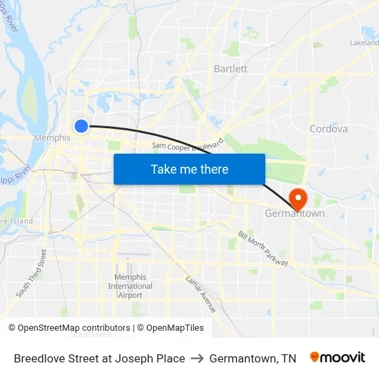 Breedlove Street at Joseph Place to Germantown, TN map