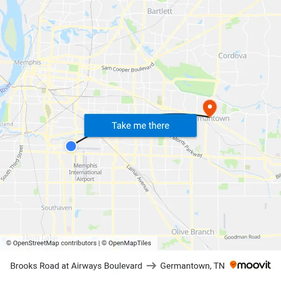 Brooks Road at Airways Boulevard to Germantown, TN map