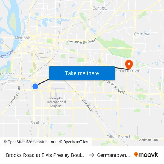 Brooks Road at Elvis Presley Boulevard to Germantown, TN map