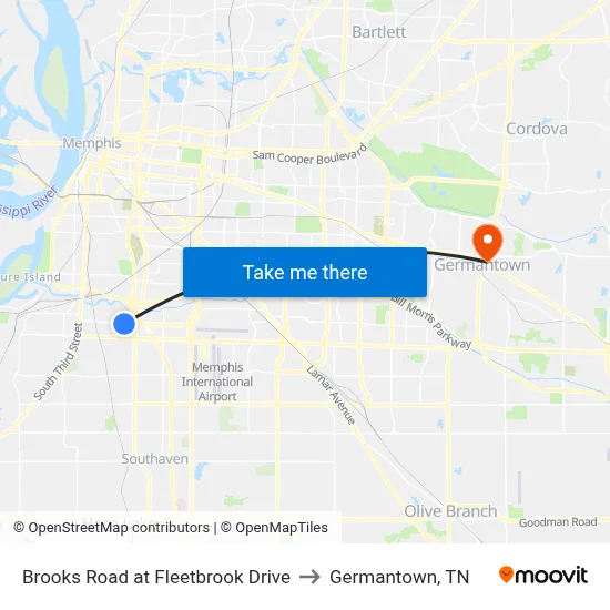 Brooks Road at Fleetbrook Drive to Germantown, TN map
